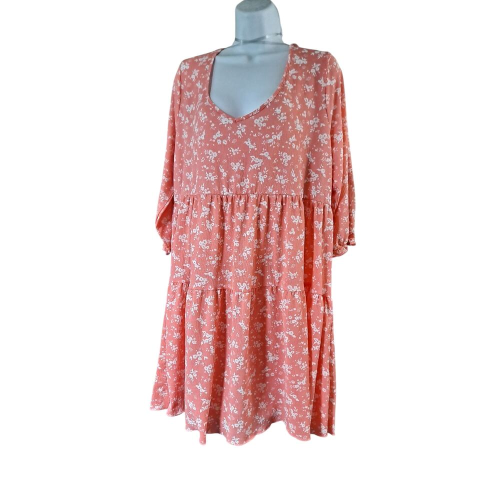 Ultra Flirt Women's 3X Mini Dress Coral Colored V-Neck Tiered Skirt 3/4 Sleeve